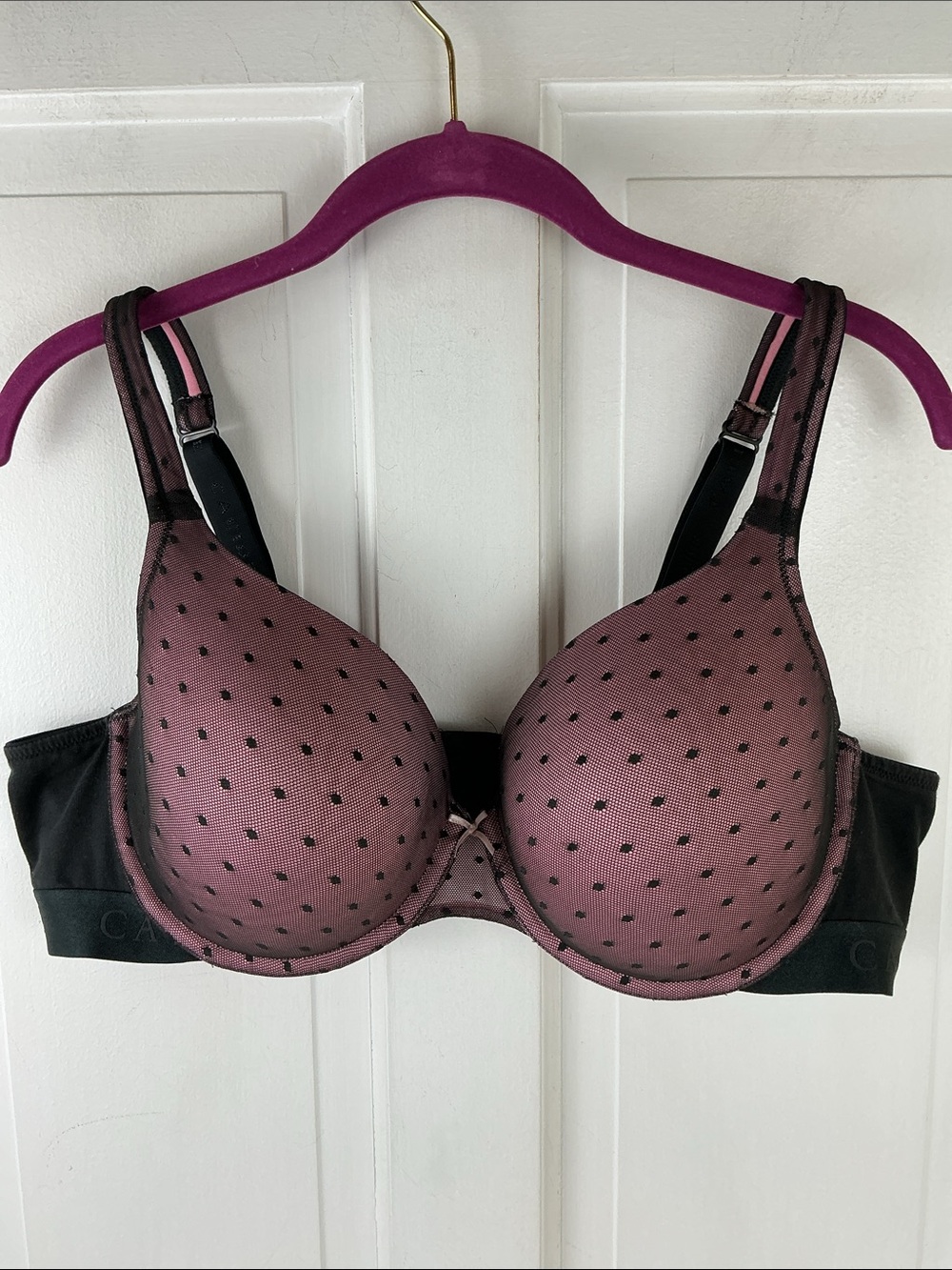 Cacique Lightly Lined T Shirt Bra Pink w/ Black Lace Polka Dots